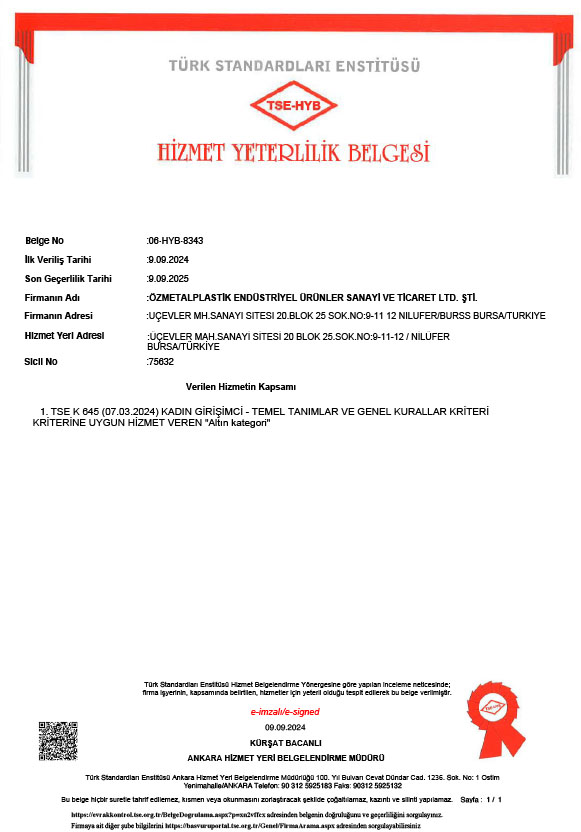 Öz Metal Plastik The Service Competence Certificate